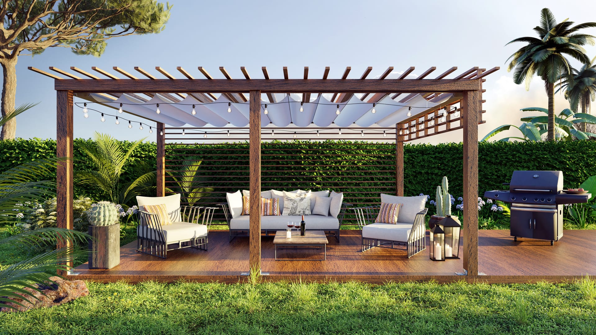 A well-designed patio with a privacy hedge.