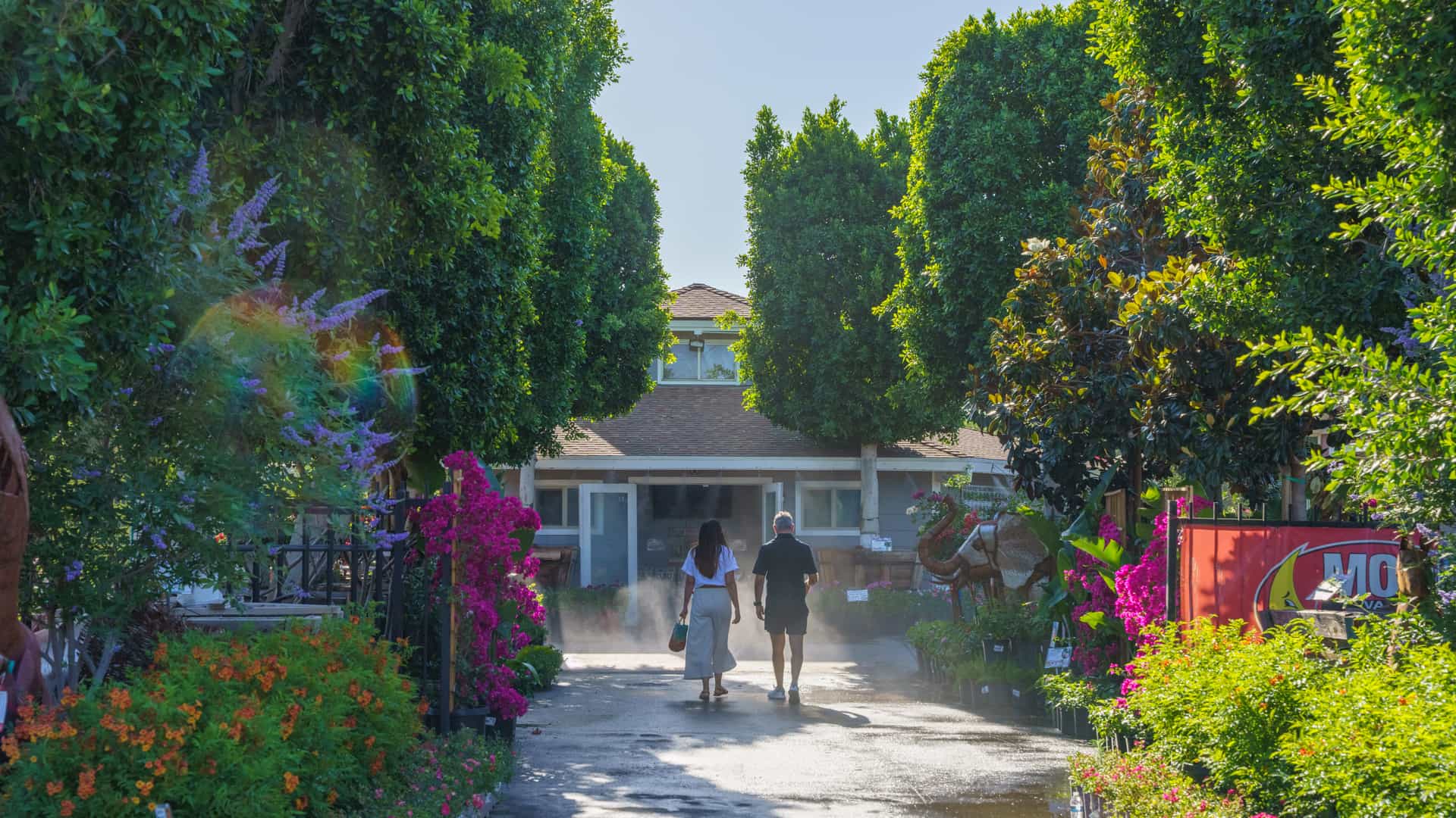 A beautiful early morning photograph of two customers entering a Moon Valley Nurseries® location.